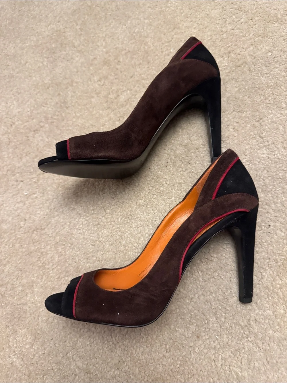 Via Spiga Brown Suede Peep Toe Heels with Red Accent
